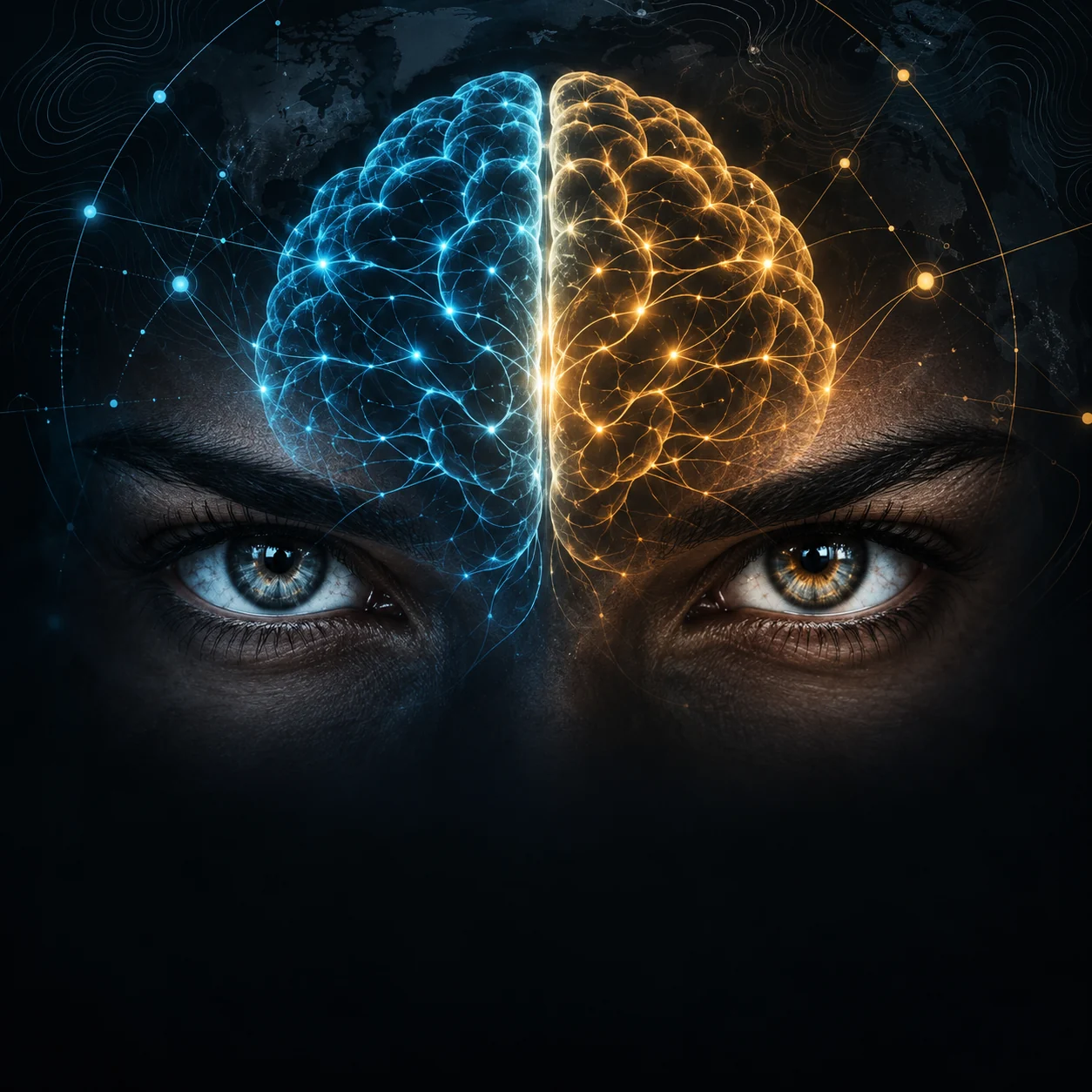 A human gaze and a blue-and-gold analytical brain representing opposing strategic perspectives